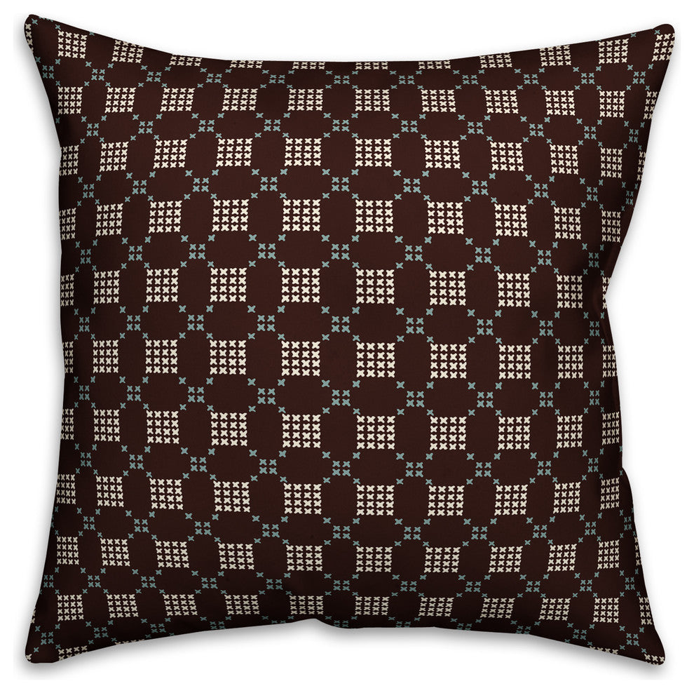 Brown Cross-Stitch Printed Pattern Outdoor Throw Pillow, 16"x16"