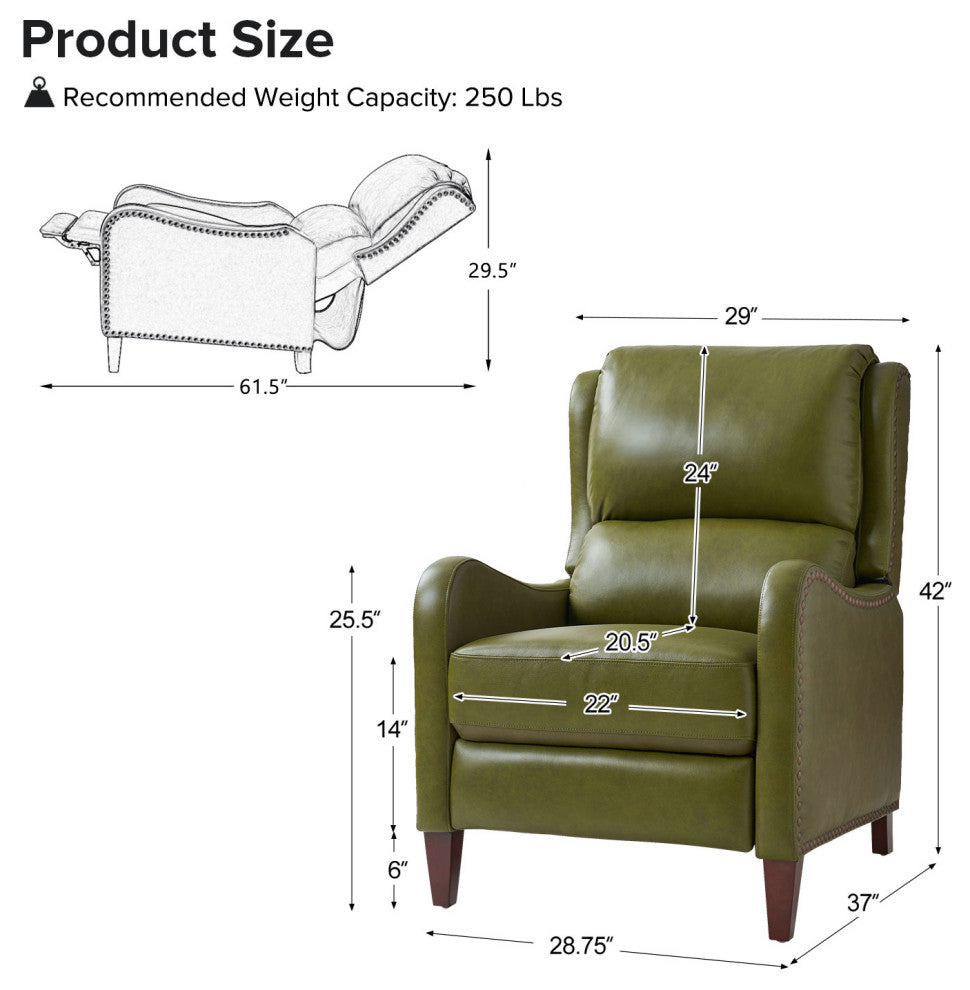 Genuine Leather  Push back Recliner With Wingback, Olive