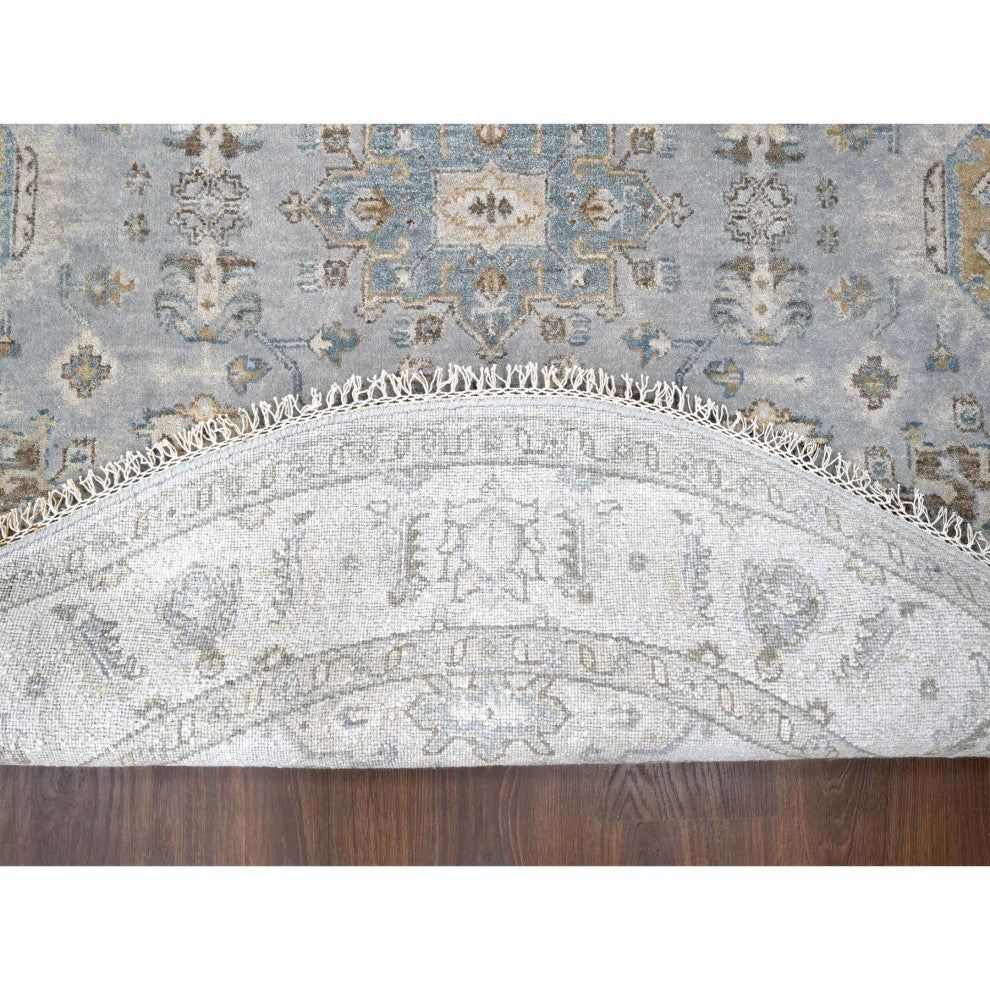 Lavender Gray Hand Knotted Karajeh Geometric Medallion Wool Round Rug 6'2"x6'2"