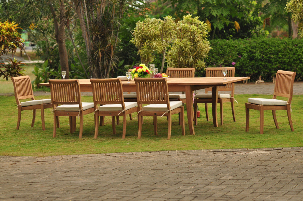 9-Piece Outdoor Teak Dining Set, 122" X-Large Rectangle Table, 8 Arbor Chairs