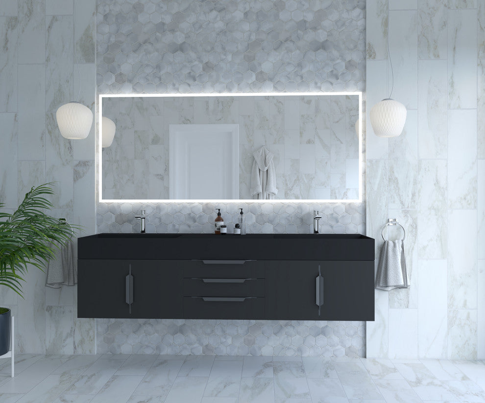 CastelloUSA Amazon 72" Wall Mounted Vanity Set, Black, Black Top, Black Handles