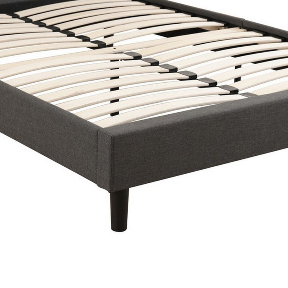 Benzara Rin Queen Size Platform Bed, Charcoal Gray Upholstery, Headboard