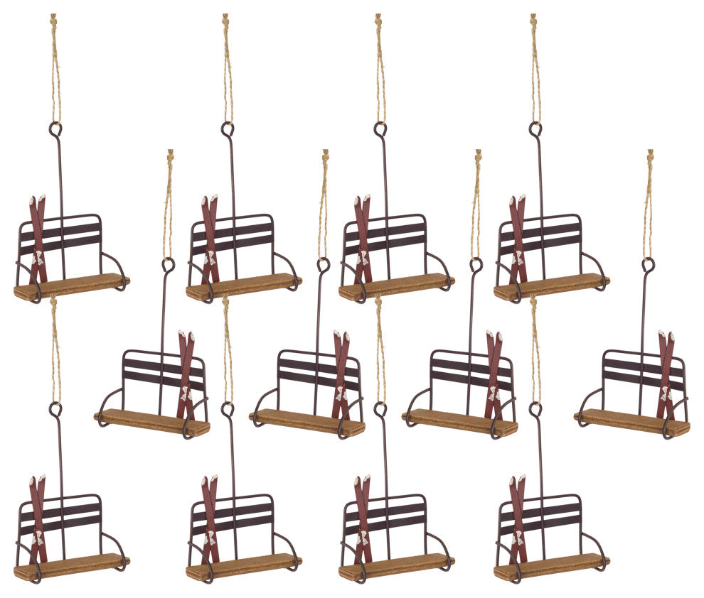 Ski Chair Lift Ornament, Set of 12, 5.25"H Wood/Metal