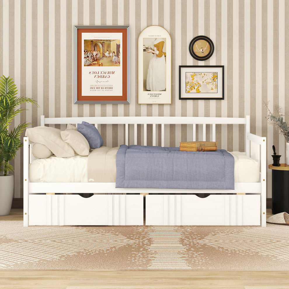 Gewnee Solid Wood Twin Size Daybed with Two Drawers in White