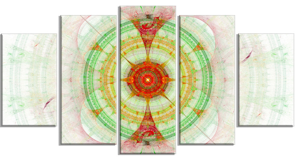 Cabalistic Fractal Green Sphere, Contemporary Wall Art Canvas, 60"x32", 5 Panels