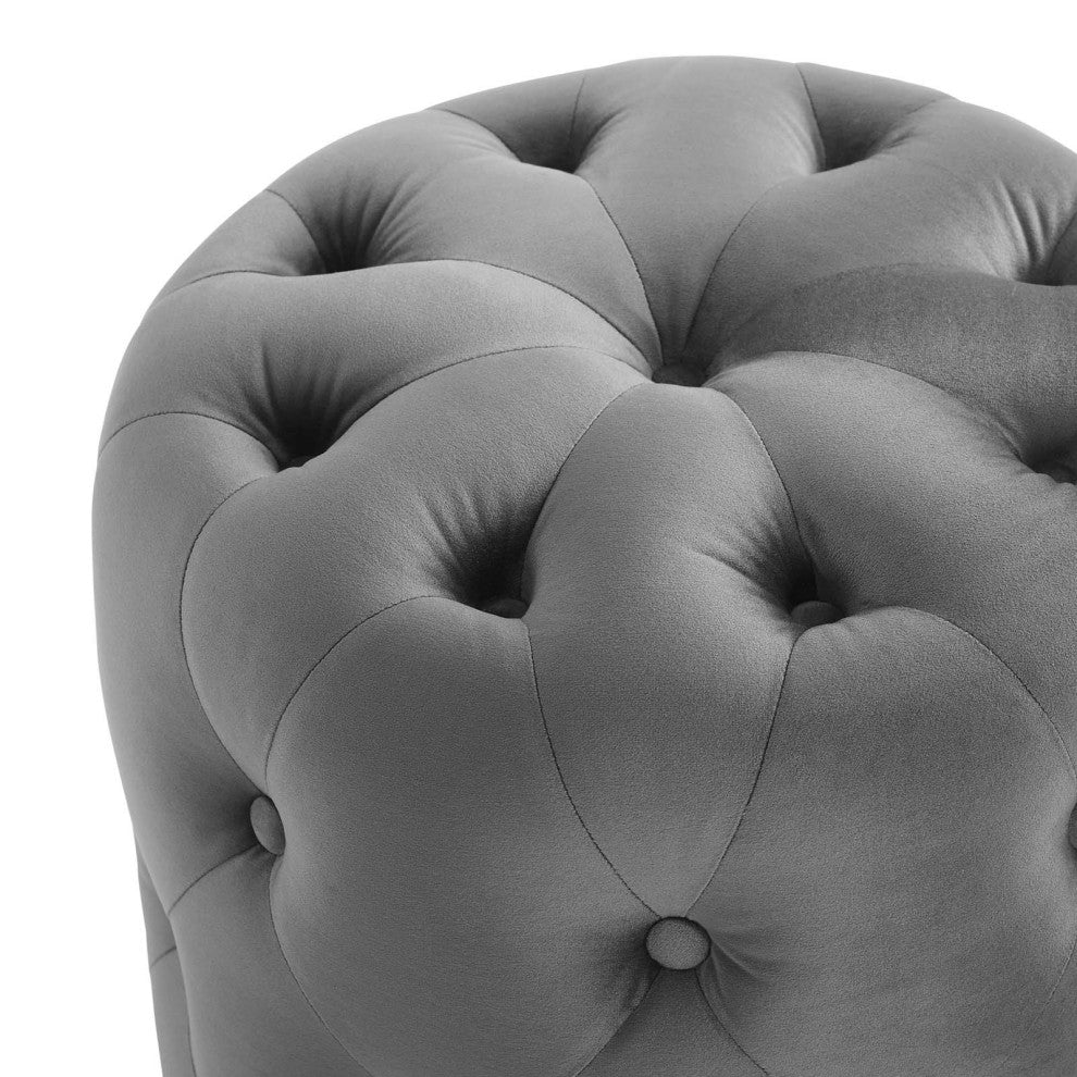 Tufted Accent Chair Ottoman, Round, Velvet, Gray, Modern, Lounge