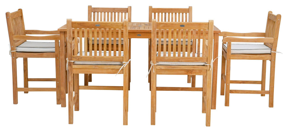 7 Piece Teak Elzas 71" Rect. Bistro Counter Set, 6 Counter Stools, Arms