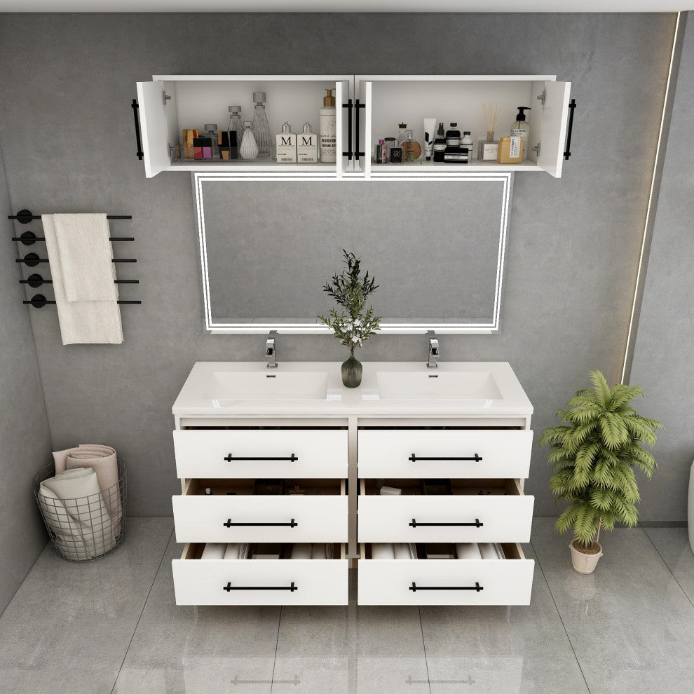 Victoria 60" Double Sink Solid Wood Vanity, Overhead Cabinet, Glossy White