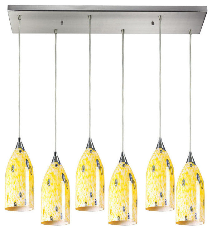 Verona 6-Light Satin Nickel Pendant, Yellow Glass