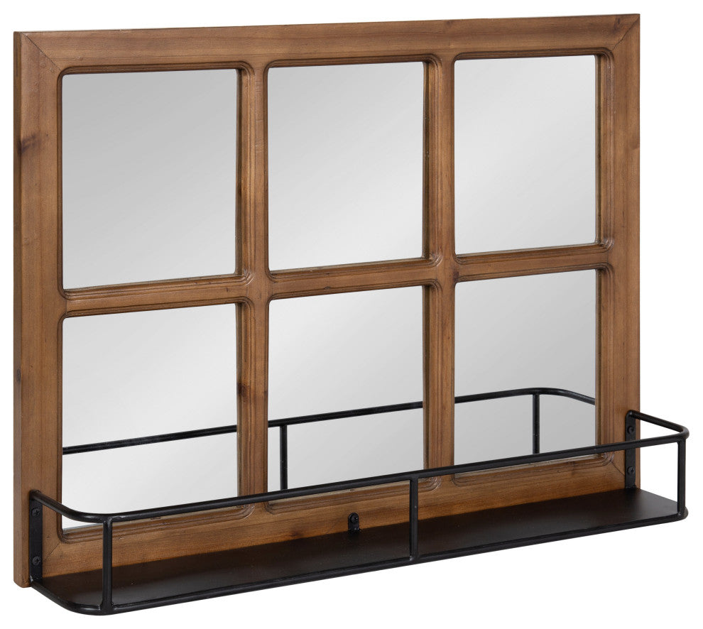 Jackson Wood Windowpane Mirror With Metal Shelf, Brown/Black, 24"x18"