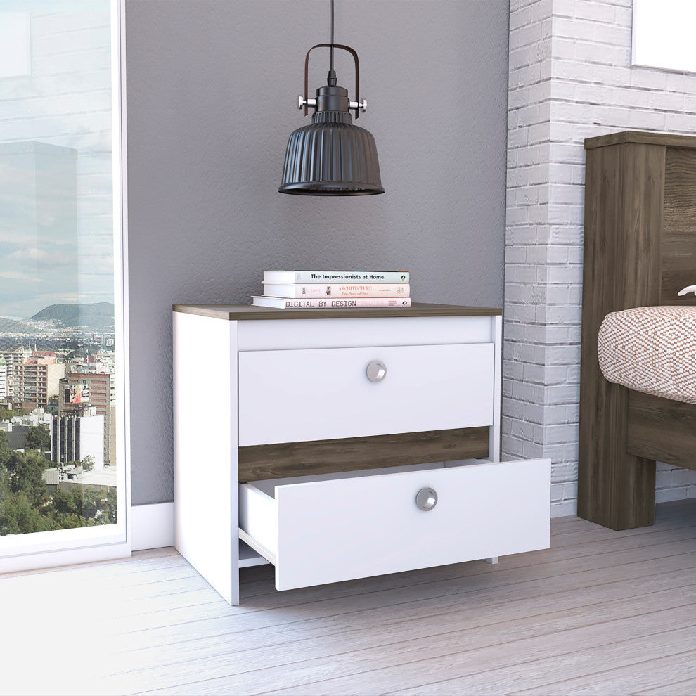 Lily Nightstand with 2 Drawers, White/Dark Brown