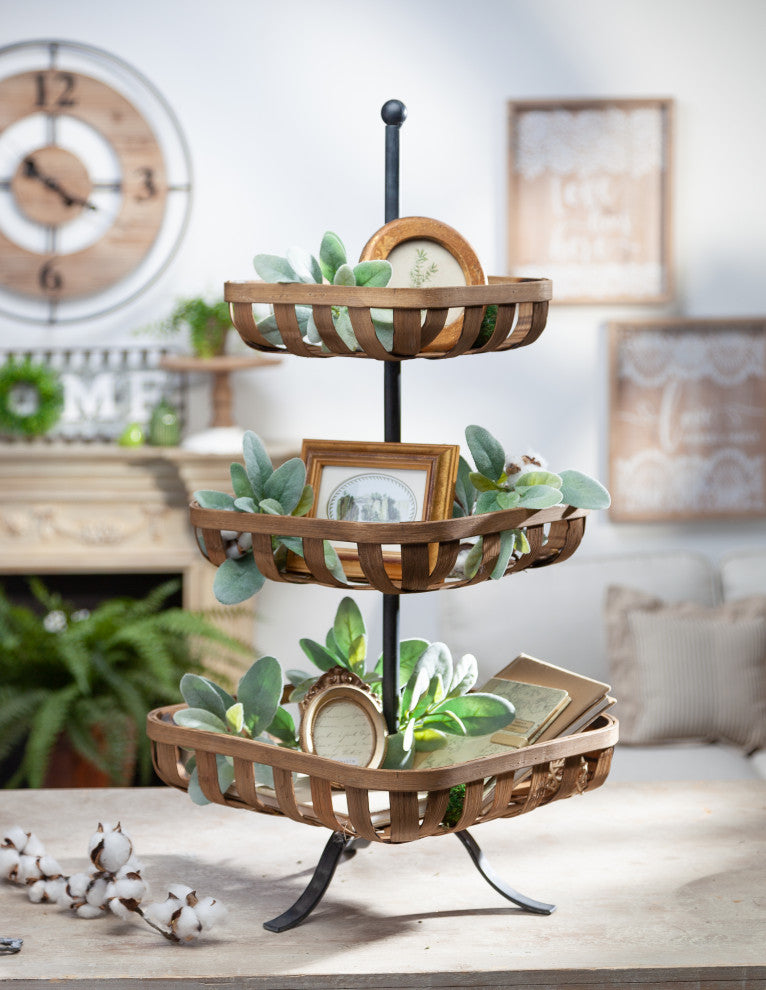 28.50" 3-Tier Bamboo and Metal Tobacco Basket Tray