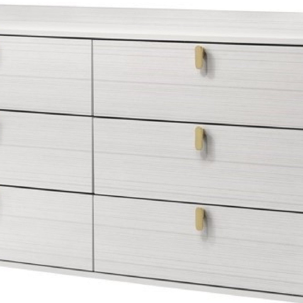 Benzara BM275715 Modern Wood Dresser With 6 Drawers, Metal Handles, White/Gold