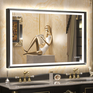 LED Vanity Mirror With Lights Metal Framed Front & Backlit, Dimmable, Black, 40x24