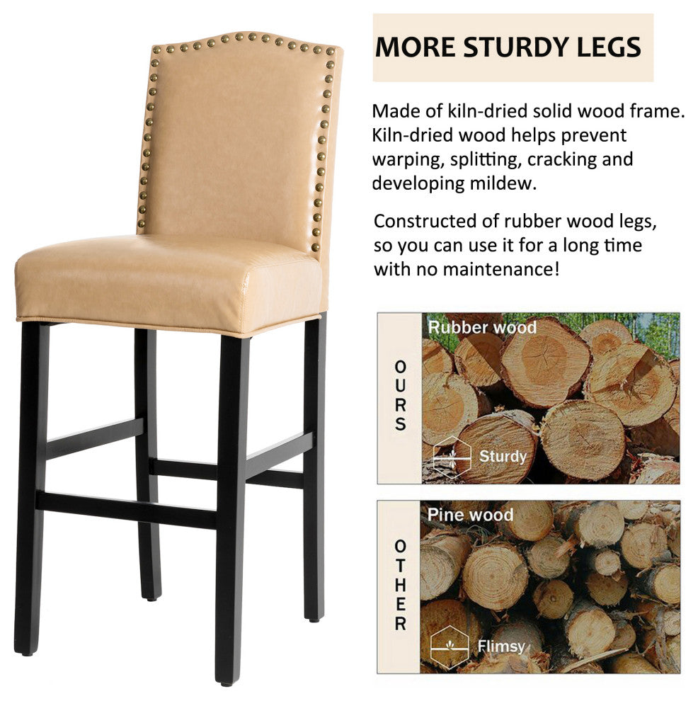 Upholstered PU Bar Chair With Studded Decor, Set of 2, Beige