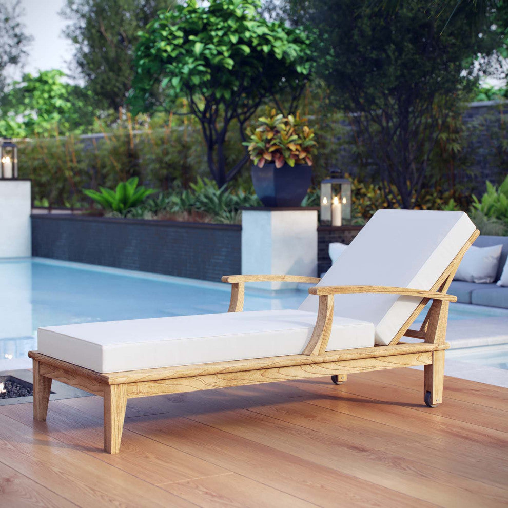 Modway Marina Outdoor Patio Teak Single Chaise, Natural White
