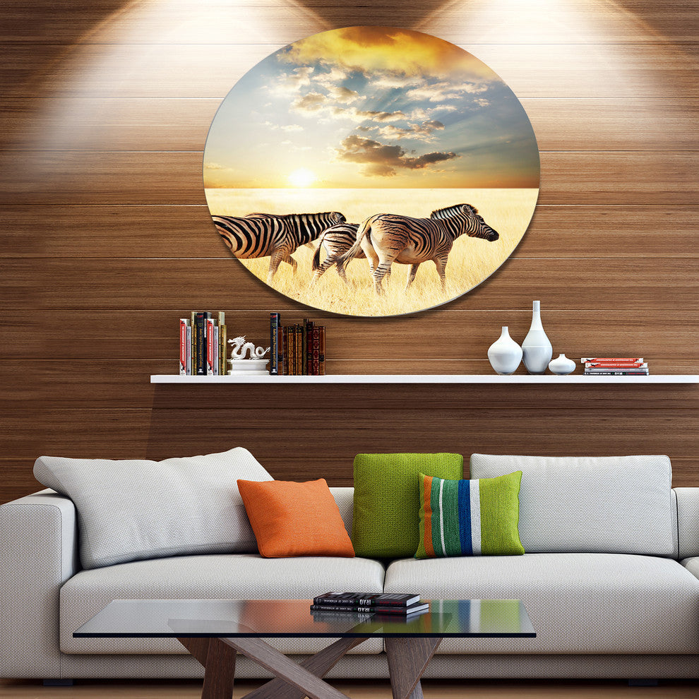 Zebras Walking In African Grassland, African Disc Metal Wall Art, 23"