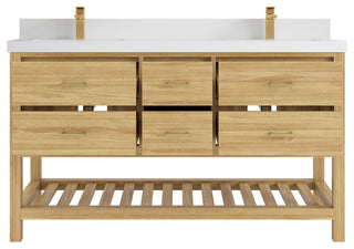 Parker Teak 60" Double Sink Vanity, Light Natural, 60" Double, 2" White Quartz