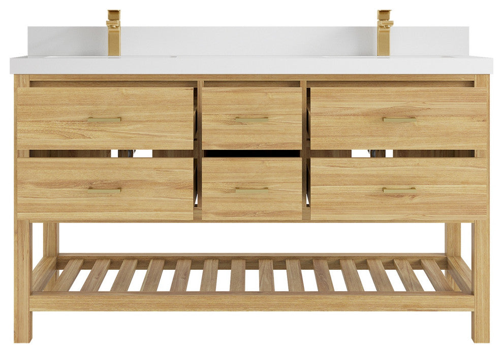 Parker Teak 60" Double Sink Vanity, Light Natural, 60" Double, 2" White Quartz