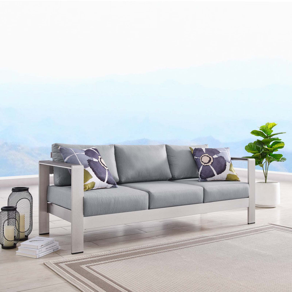 Lounge Sofa, Aluminum, Metal, Silver Gray, Modern, Outdoor Patio Bistro