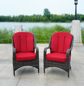 Set of 2 Brown Outdoor Patio Wicker Dining Cozy Armchairs, Red Cushions