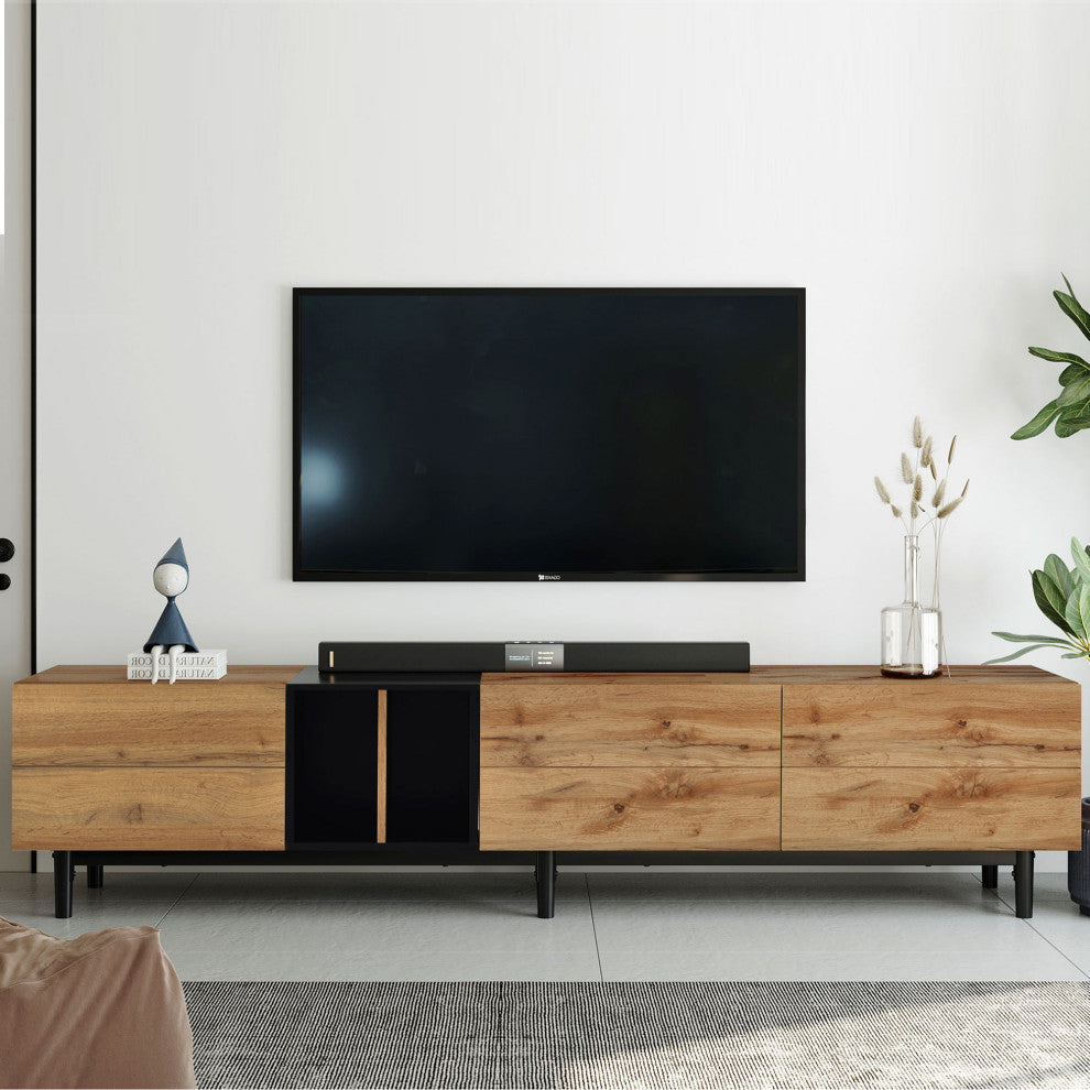 TATEUS 80" TV Stand With Large Storage Cabinet, Combining Style, Natural Wood