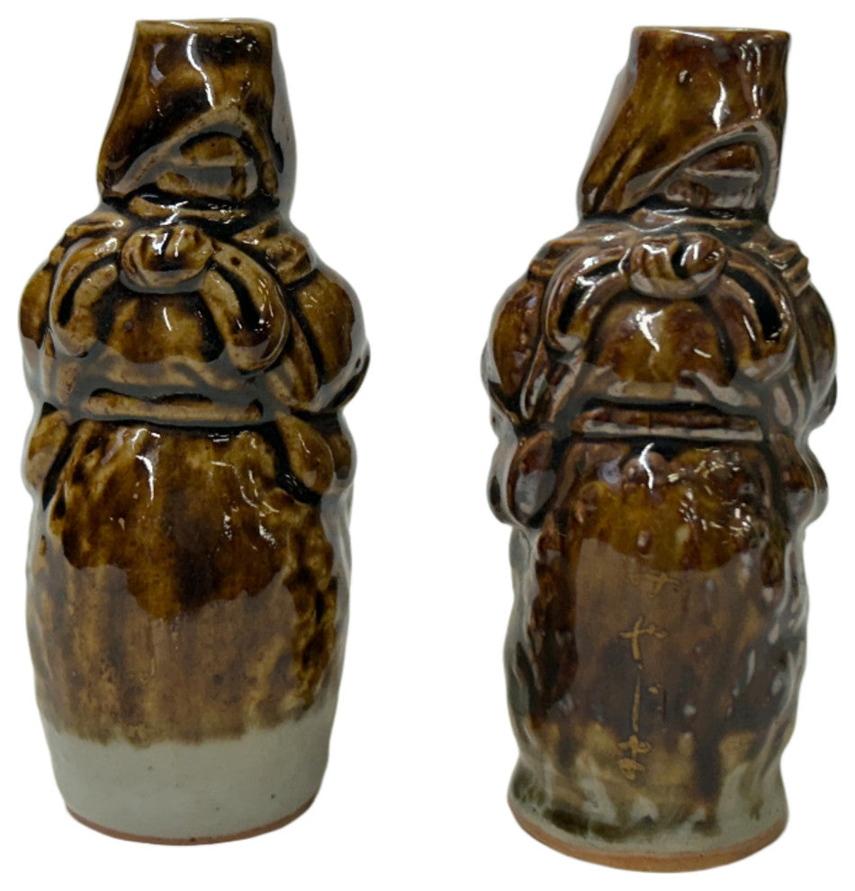 Pair Ceramic Handmade Brown Cheerful Basket Holding Jovial Figure Vases