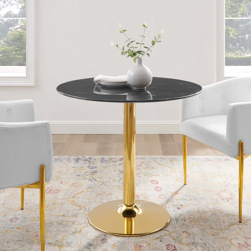 35" Dining Table, Round, Black Gold, Artificial Marble, Modern, Mid Century