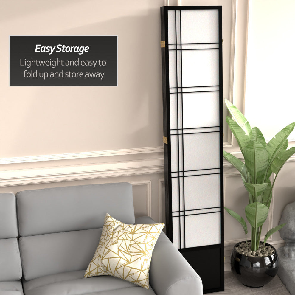 7' Tall Double Cross Shoji Screen, Black, 4 Panels