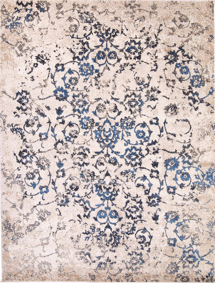 Modern Transitional Floral Oriental Distressed Area Rug, Beige, 8x10''