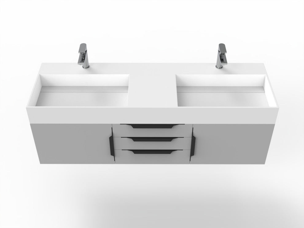 CastelloUSA Amazon 60" Wall Mounted Bathroom Vanity Set, Gray, White Top, Black Handles