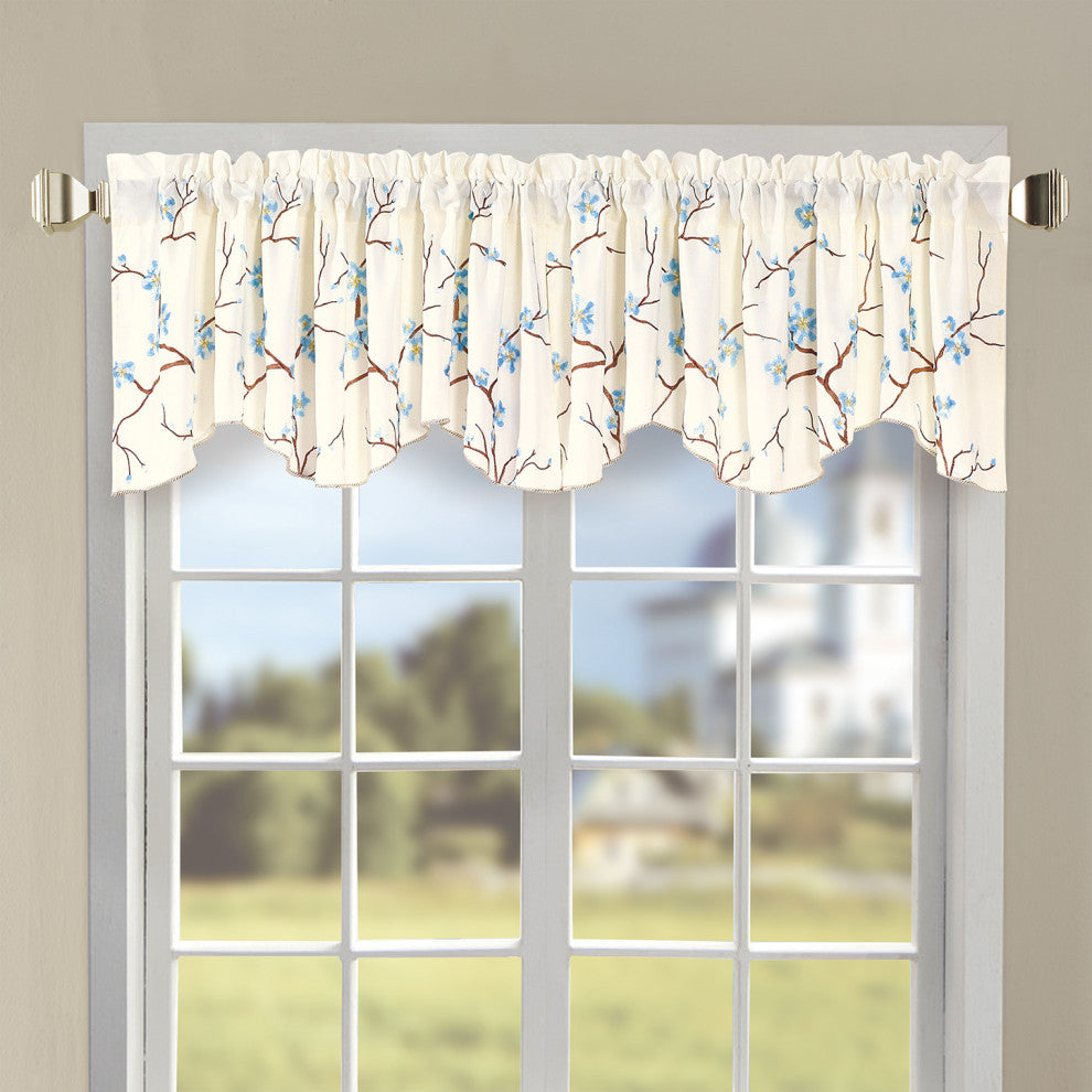 Cherry Blossom Embroidery Window Curtain Valance, Light Blue, 19" X 60"
