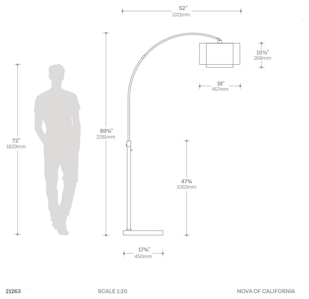 Marilyn 1 Light Arc Floor Lamp - Weathered Brass, Rotary Switch, Marble Base