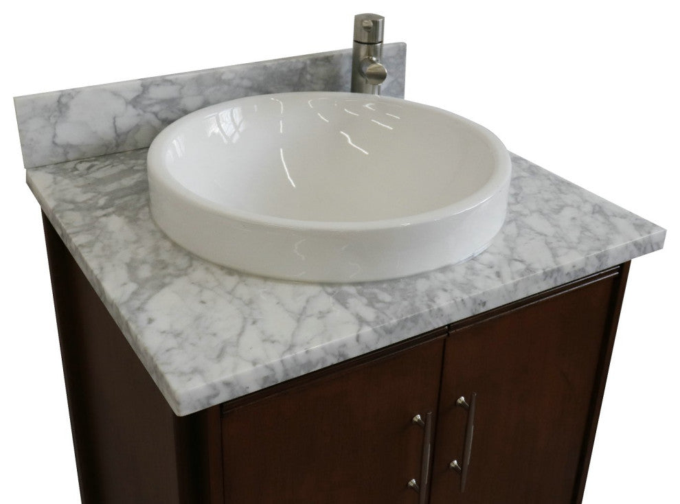 25" Single Sink Vanity, Walnut Finish, White Carrara Marble and Round Sink