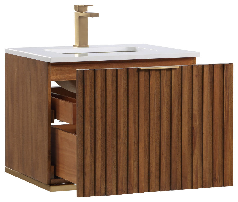 Terra Bathroom Vanity, Walnut/Satin Brass With White Quartz, 24", White Quartz Top