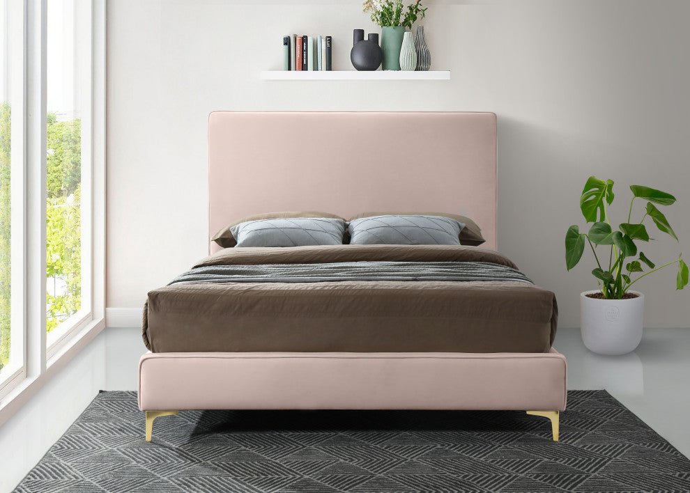 Geri Velvet Upholstered Bed, Pink, Full