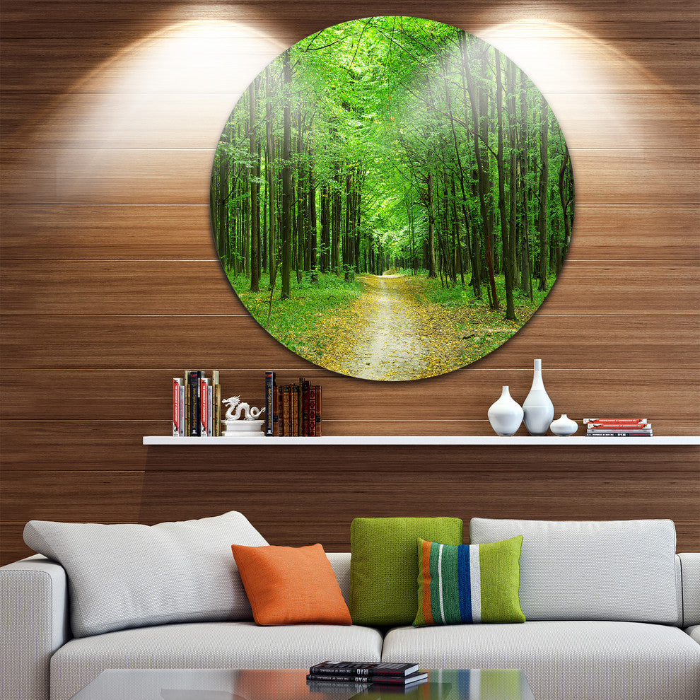 Pathway In Green Forest, Landscape Photo Disc Metal Wall Art, 11"