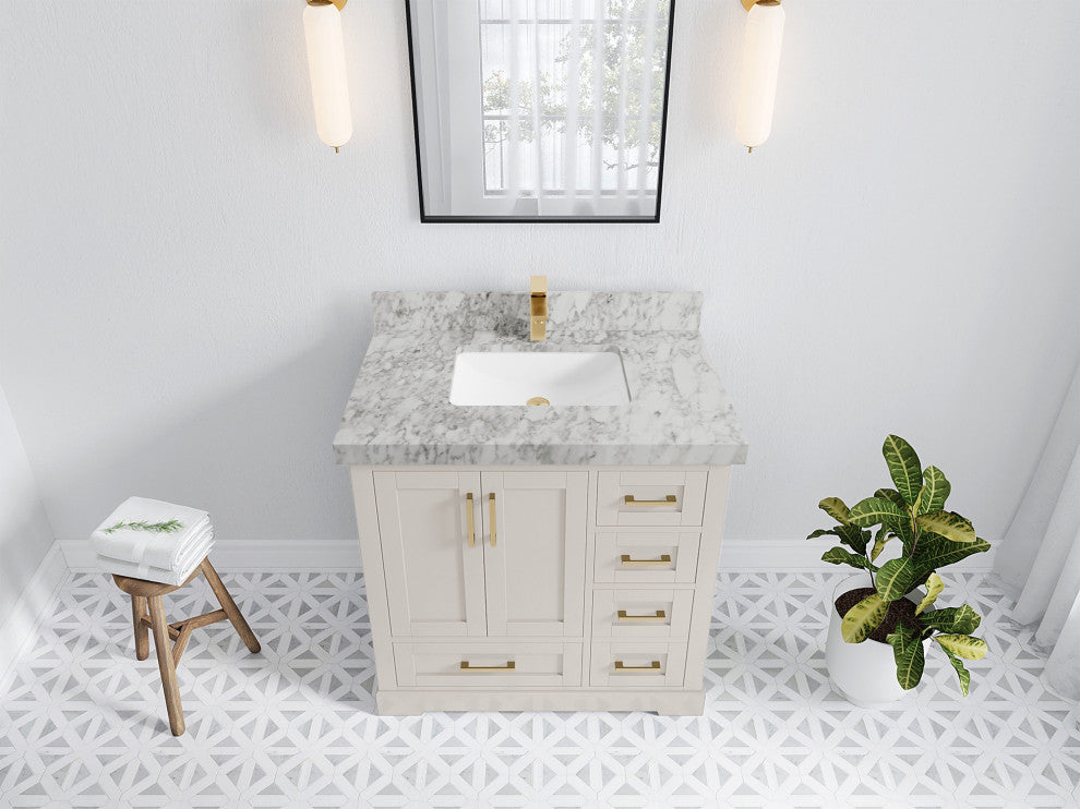 Boston 36" Center Sink Bath Vanity in Fine Grain 2" Carrara Marble