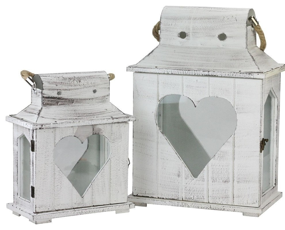 2-Washed Wooden Candle Holder With Heart Shaped Cut-Out