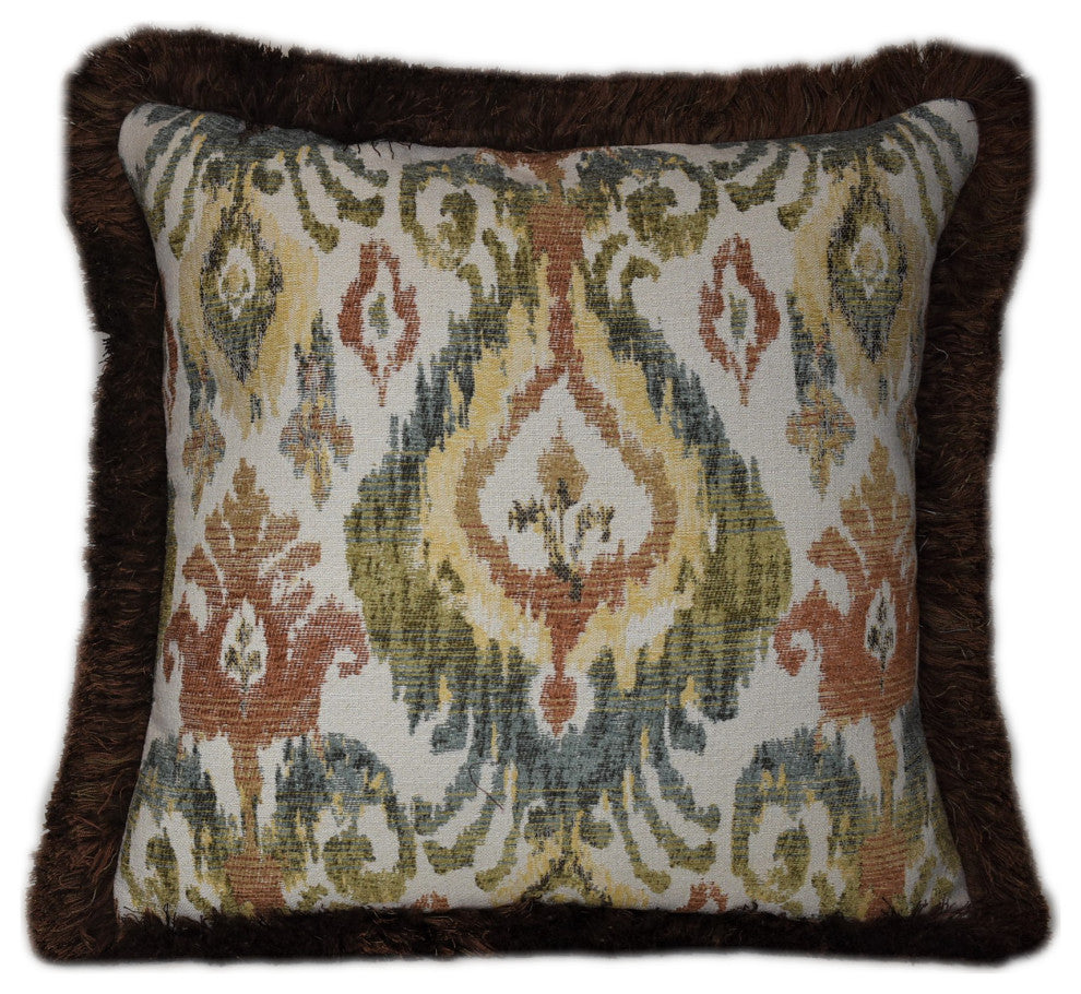 burnt orange and aqua floral print chenille decorative throw pillow with fringe