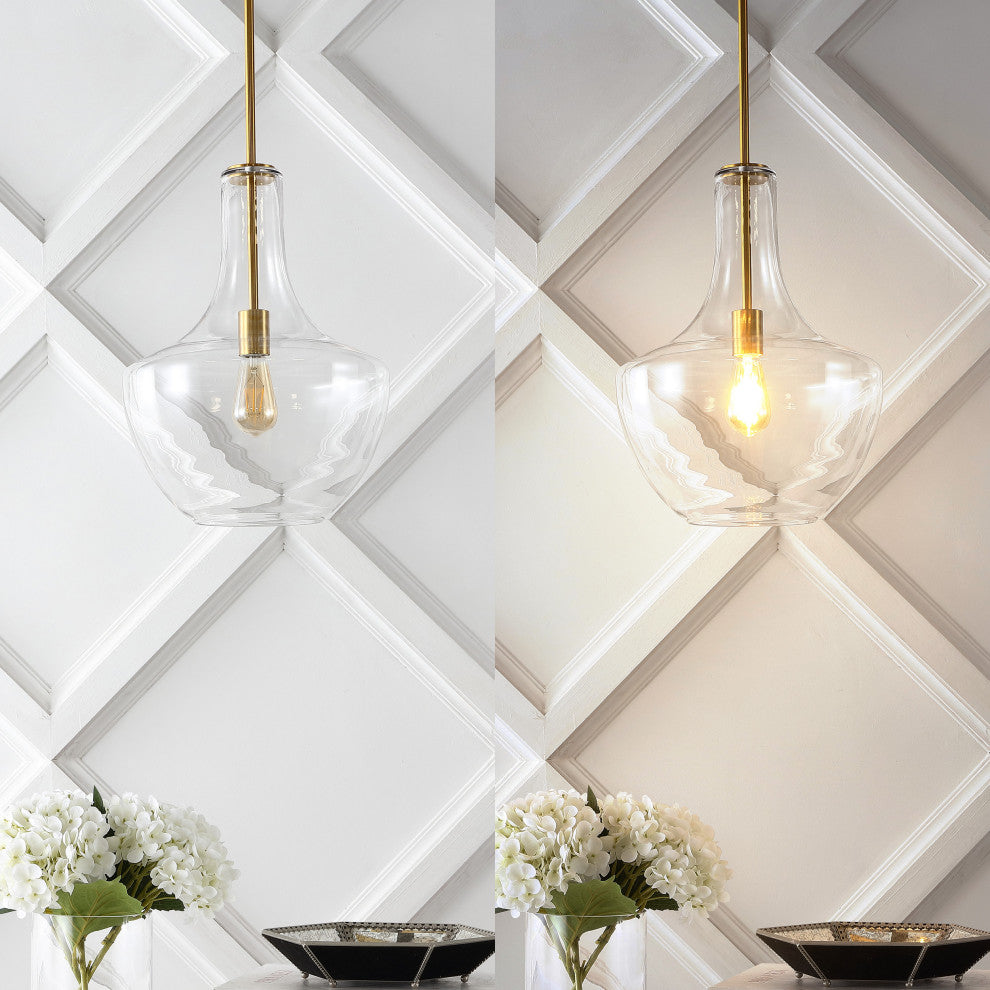 Watts 10.5" Glass, Metal LED Pendant, Brass Gold/Clear, Width: 13.25"