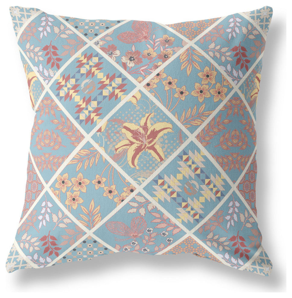 18 Blue Yellow Patch Indoor Outdoor Throw Pillow