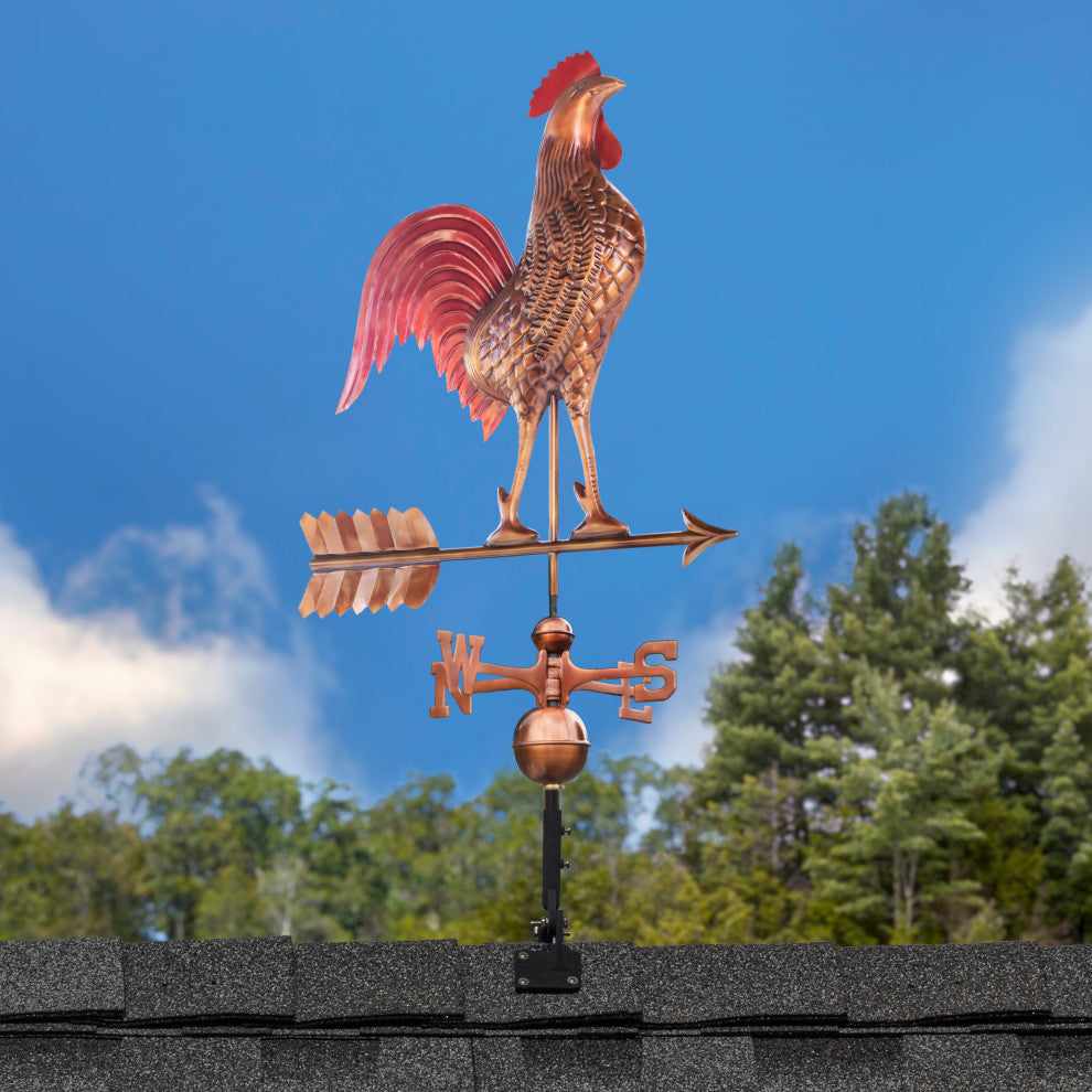 Large Rooster Weathervane Pure Copper Hand Finished Multi-Color Patina