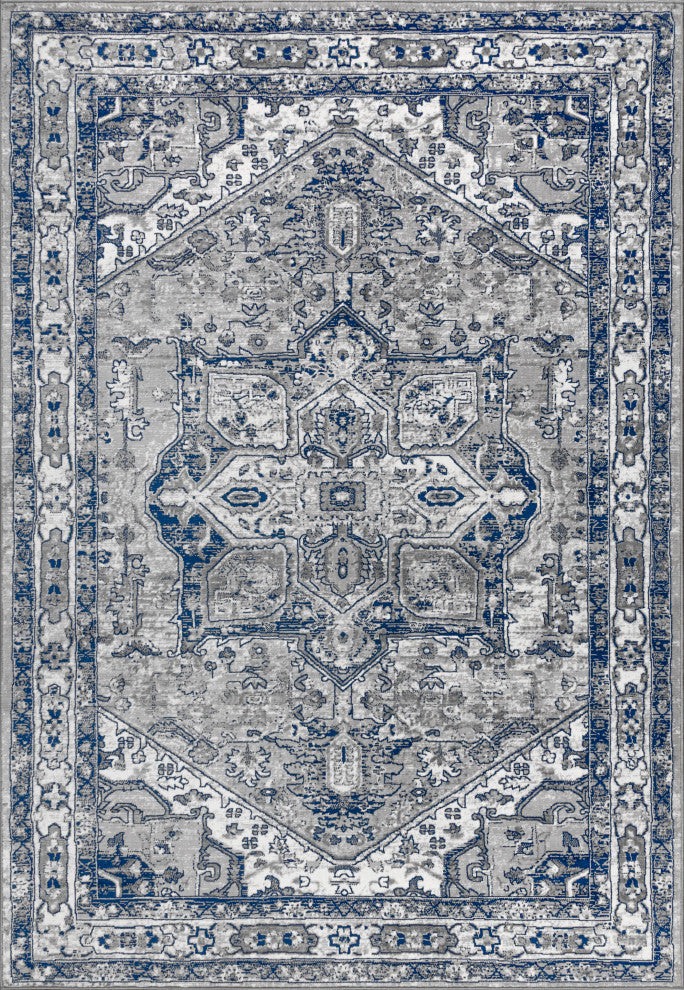 Modern Persian Vintage Medallion Light Grey/Navy 5' x 8' Area Rug