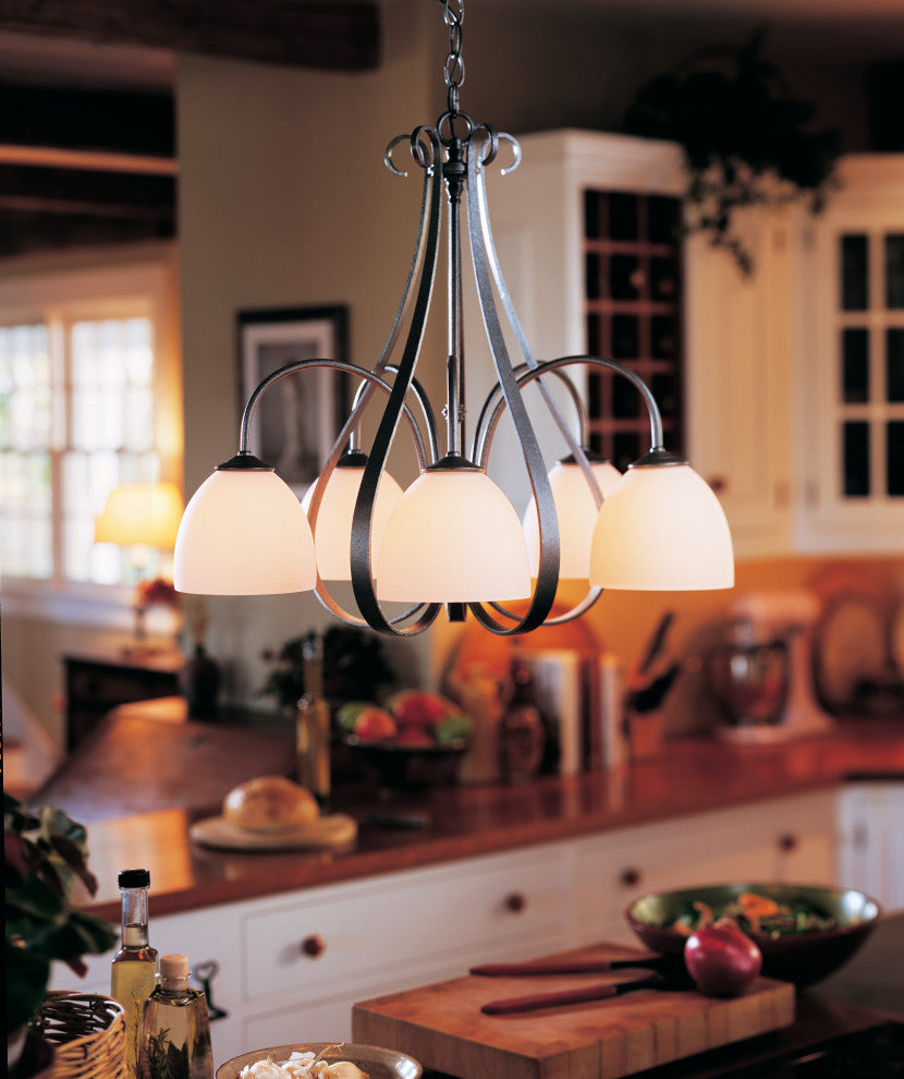 Sweeping Taper 5 Arm Chandelier, Natural Iron Finish, Opal Glass