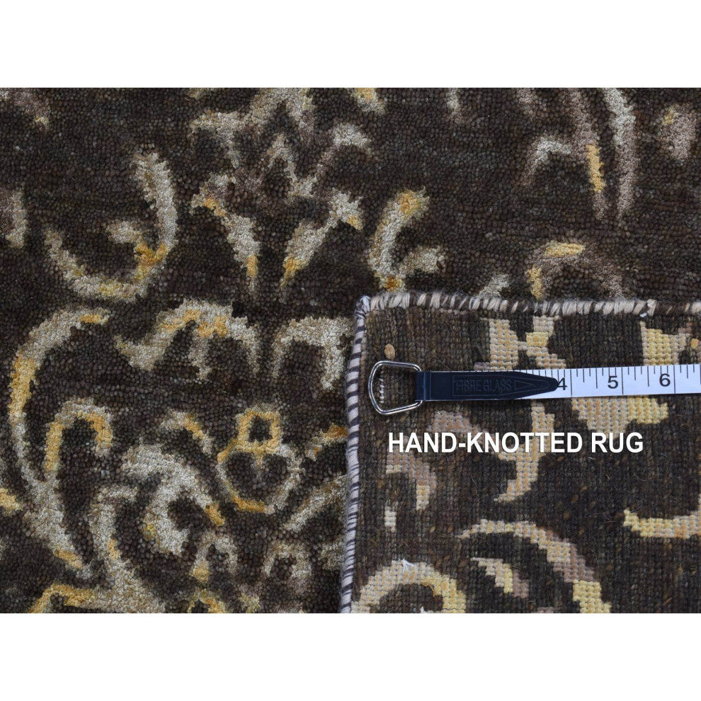 Brown Hand Knotted Damask Tone on Tone Wool and Silk Runner Rug 2'x9'10"