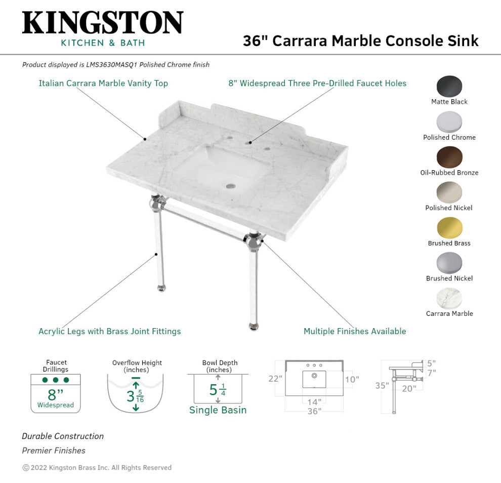 Kingston Brass LMS3630MASQ7 36" Carrara Marble Console Sink, Acrylic Legs
