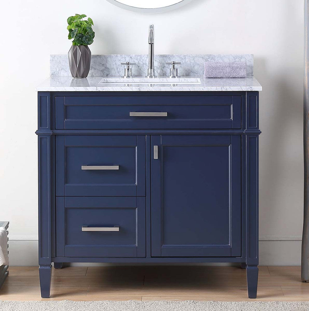 36 Inch Durand Modern Navy Blue Bathroom Sink Vanity with Stone Counter Top, Italian Carrara Top