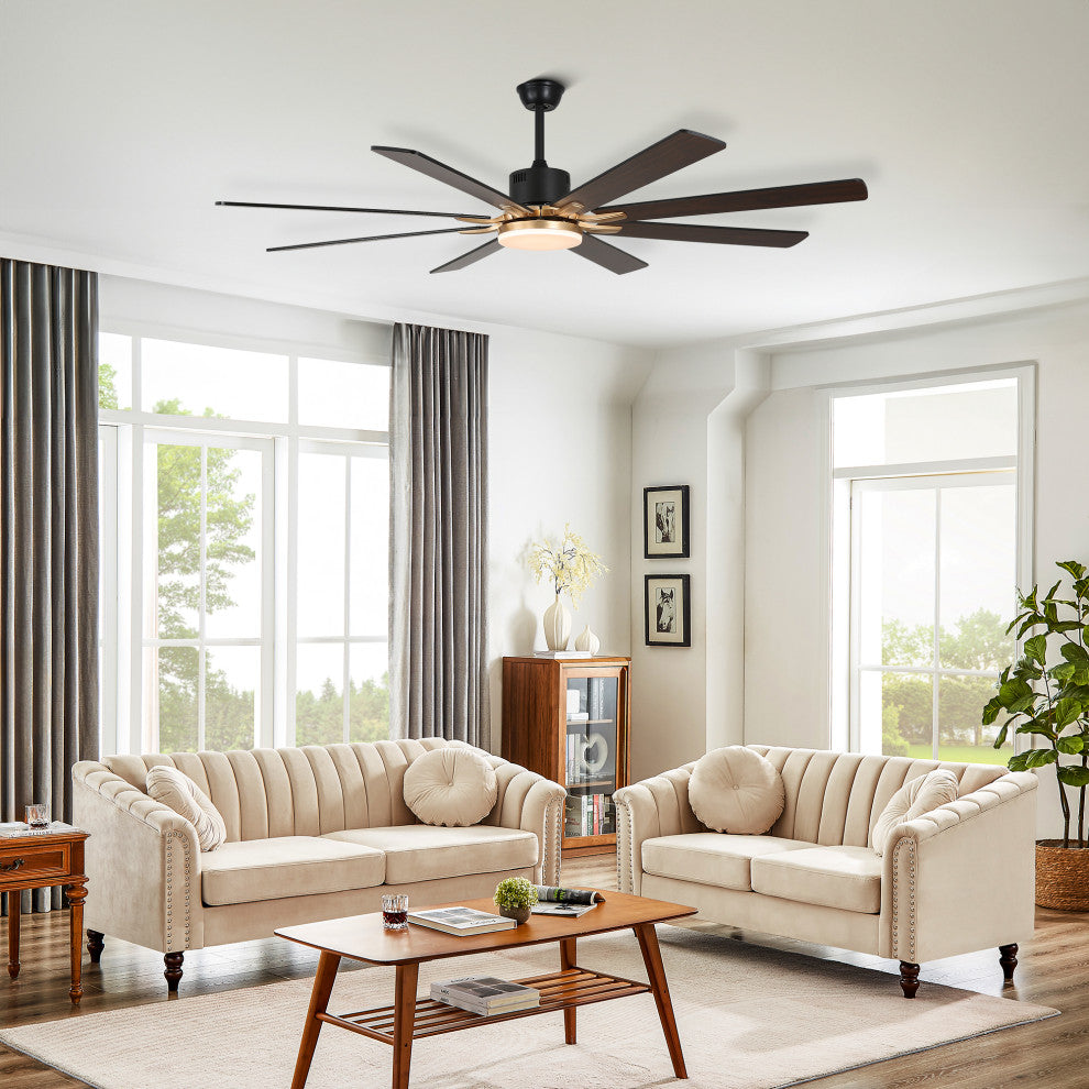 Large 72" Modern 8 Wood Blades Ceiling Fan w Dimmable LED Light Kit , Black