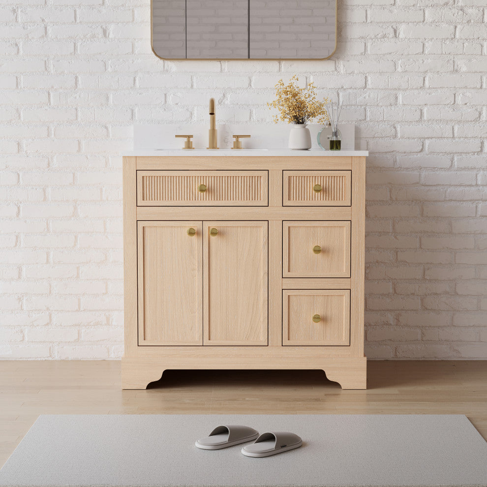 Solid Wood Bathroom Vanity with Carrara White Quartz Top, CUPC-certified Sink, 36"